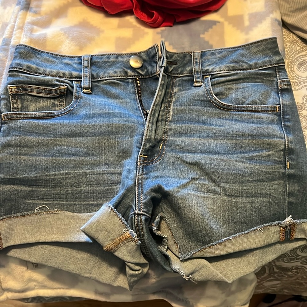 Blue denim high rise stretchy American eagle jean shorts